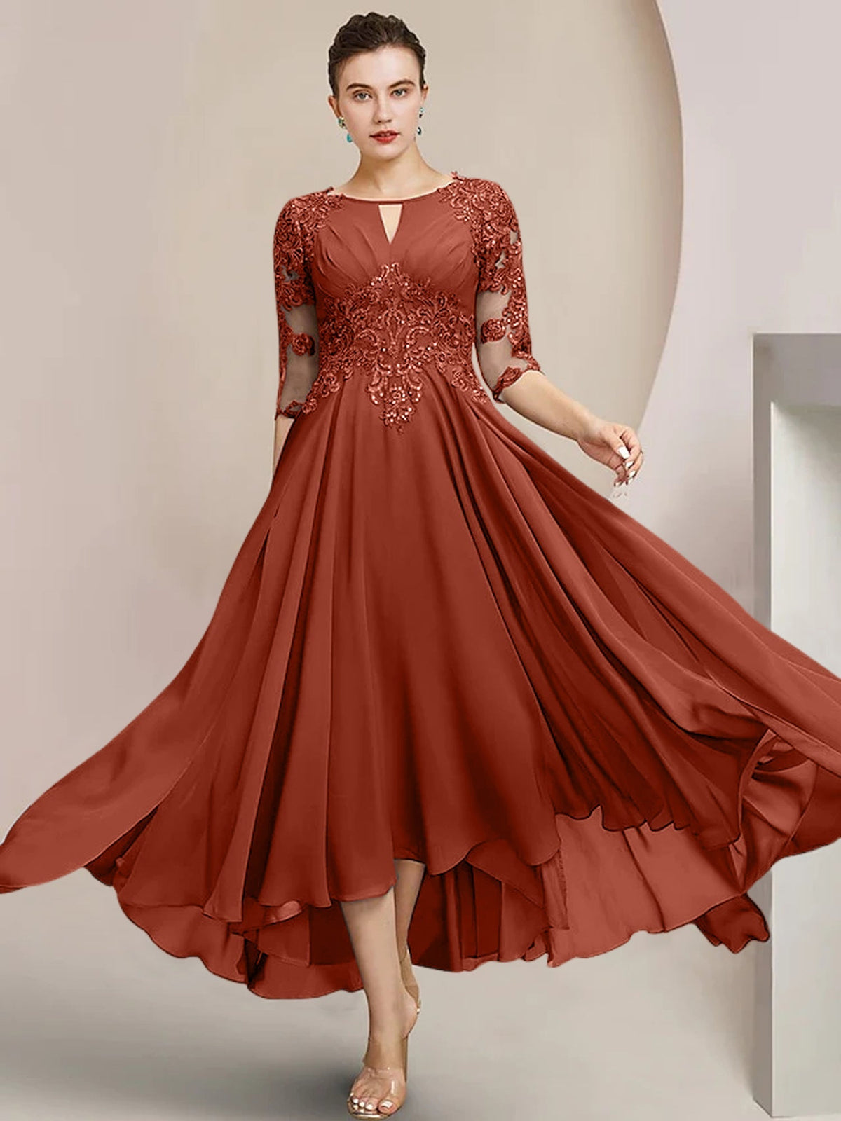 Scoop Neck Tea Length A Line Mother of the Bride Dress