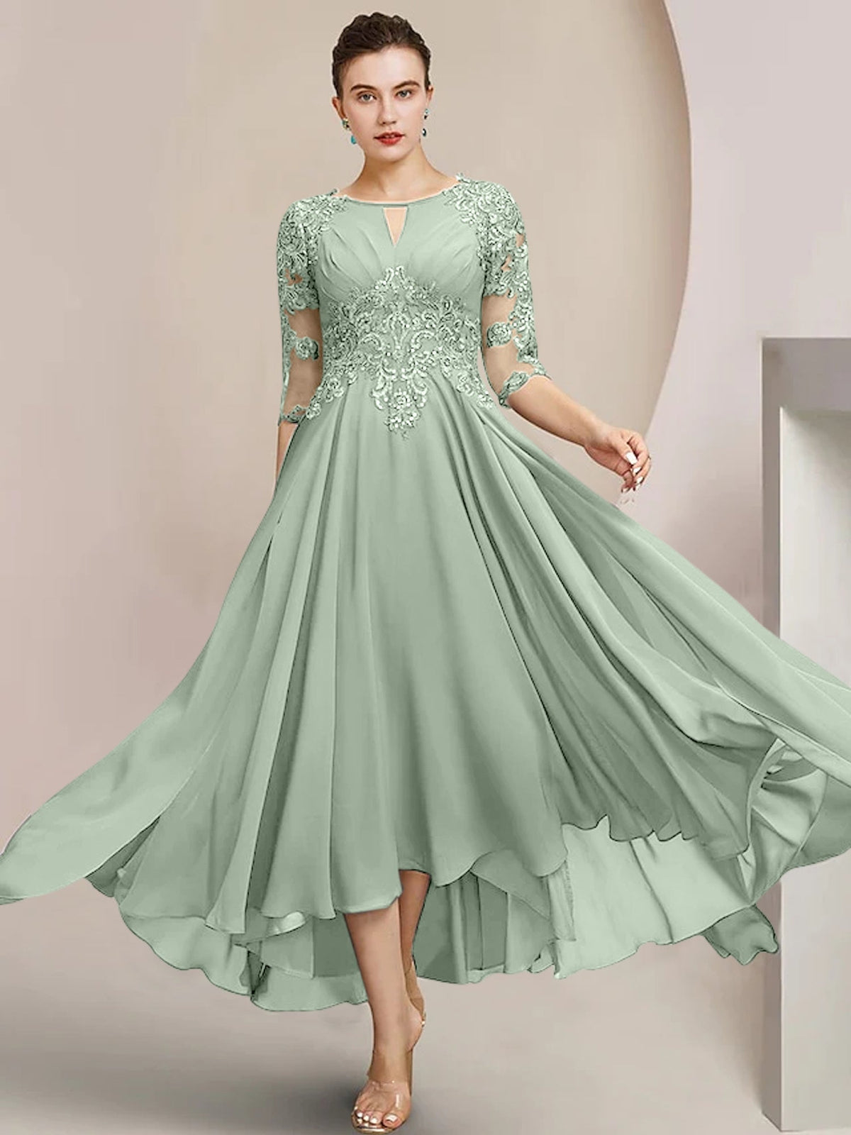 Scoop Neck Tea Length A Line Mother of the Bride Dress