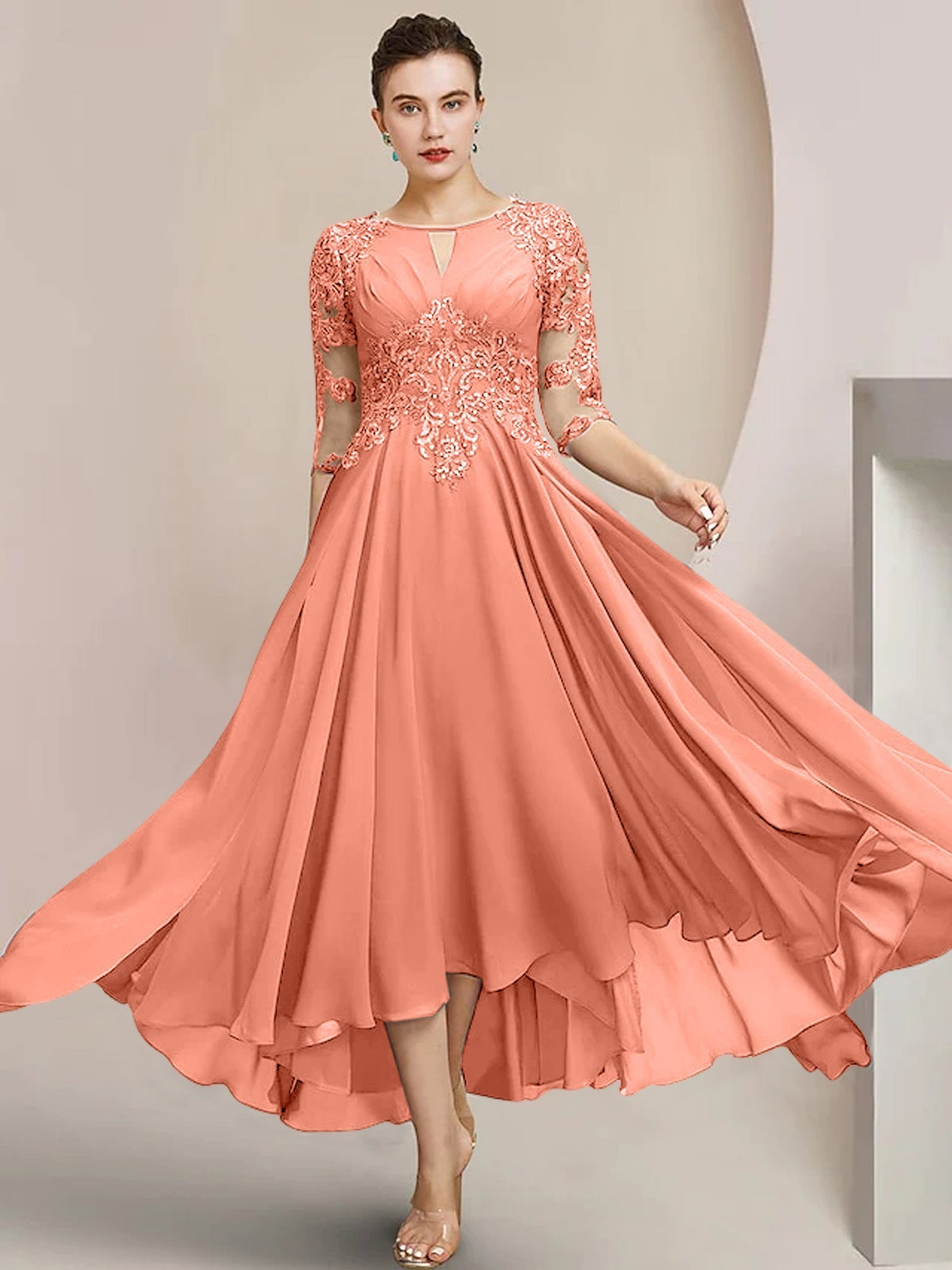 Scoop Neck Tea Length A Line Mother of the Bride Dress