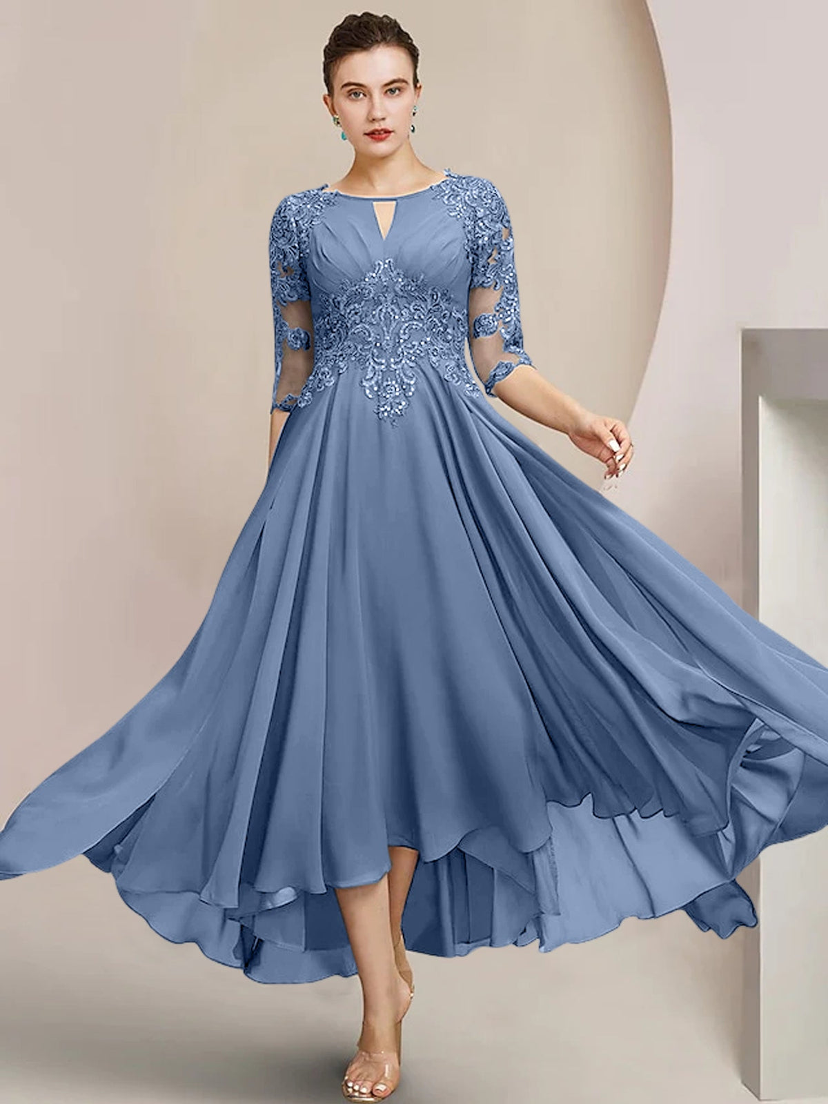 Scoop Neck Tea Length A Line Mother of the Bride Dress
