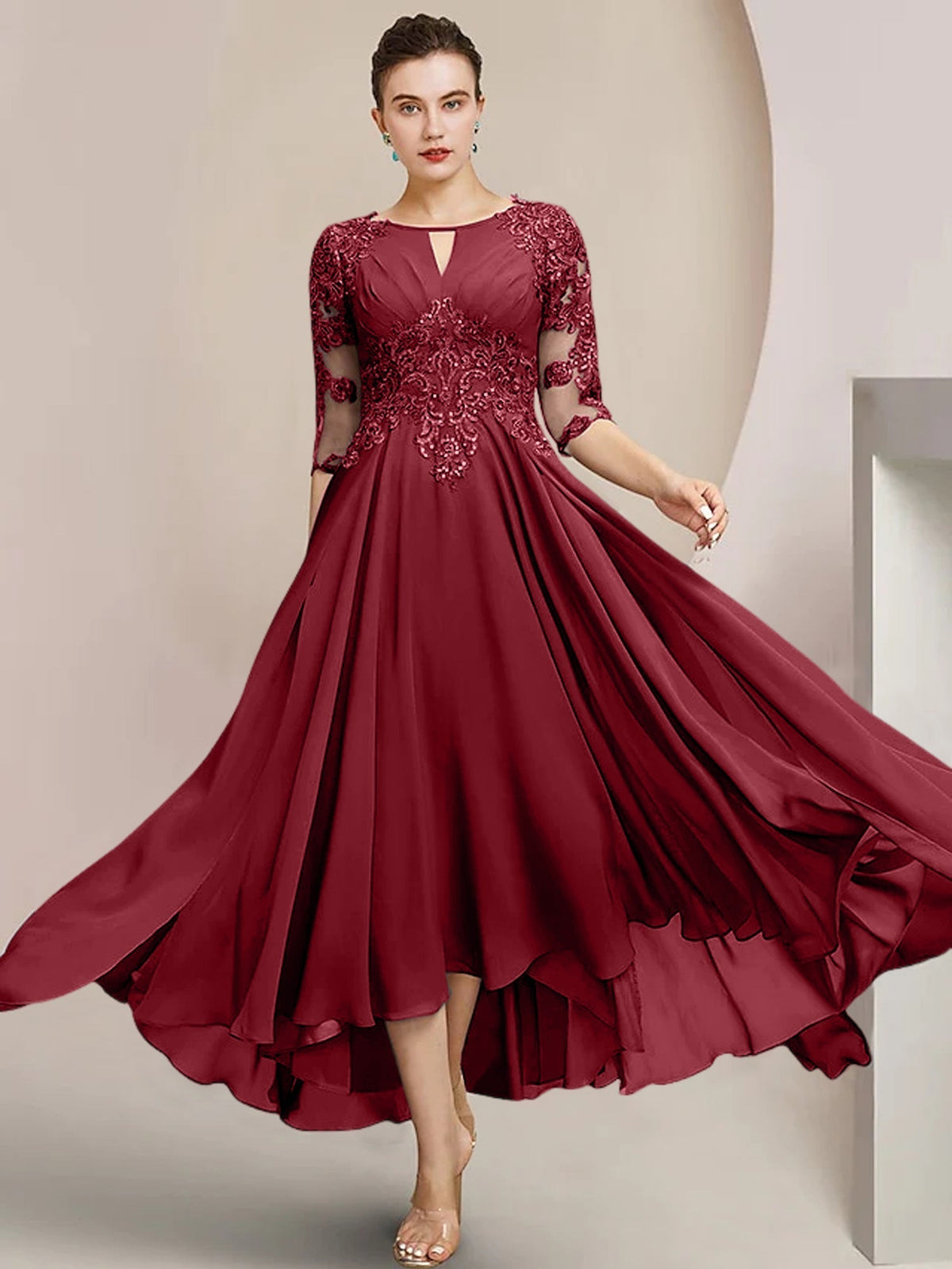 Scoop Neck Tea Length A Line Mother of the Bride Dress