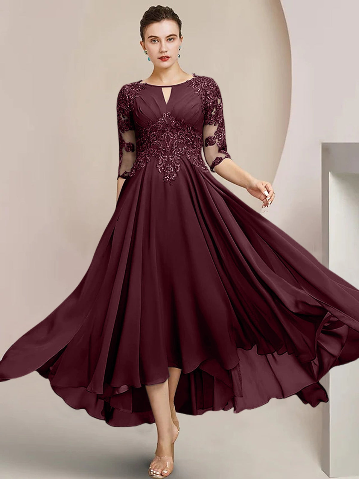 Scoop Neck Tea Length A Line Mother of the Bride Dress