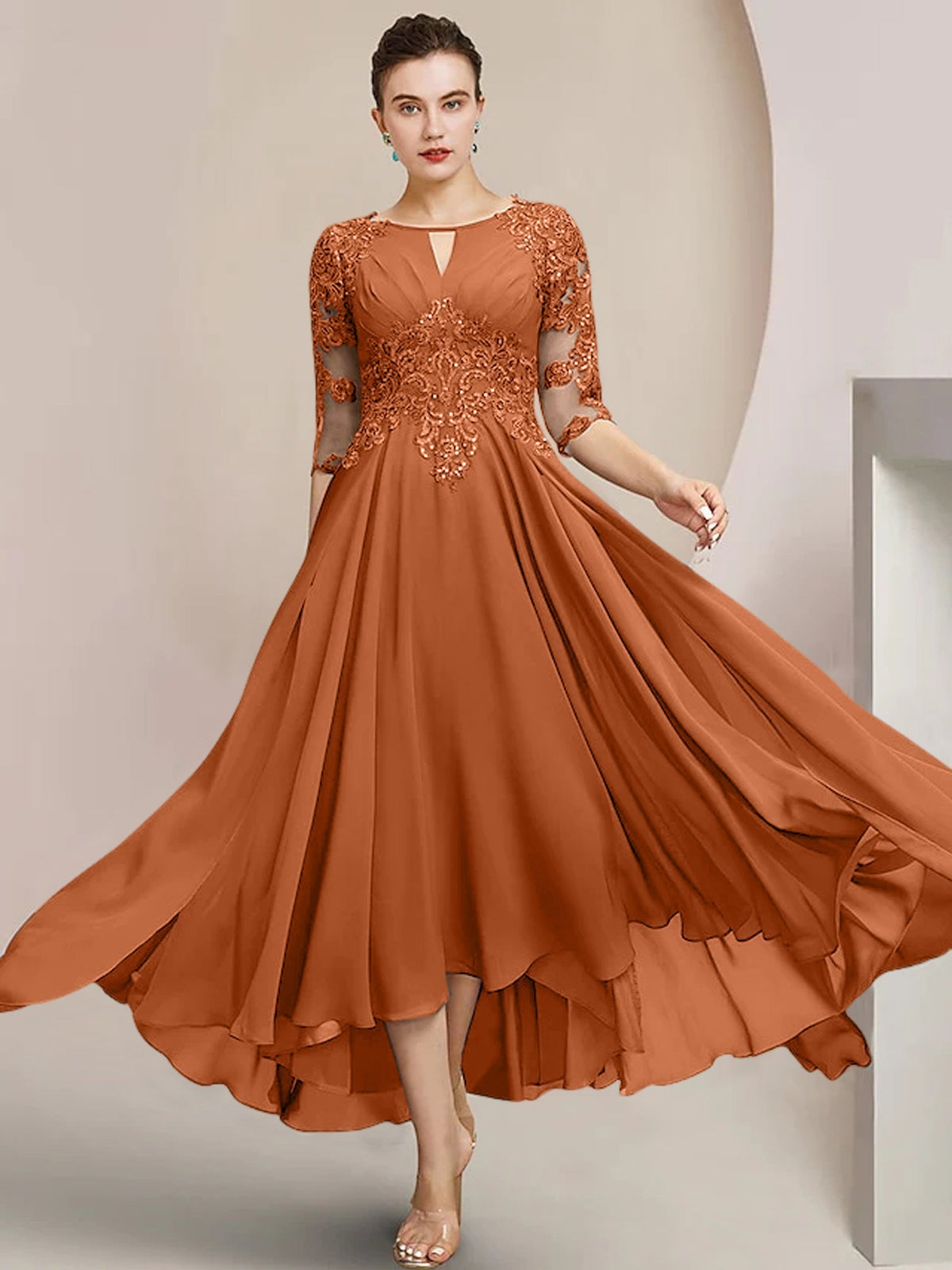Scoop Neck Tea Length A Line Mother of the Bride Dress