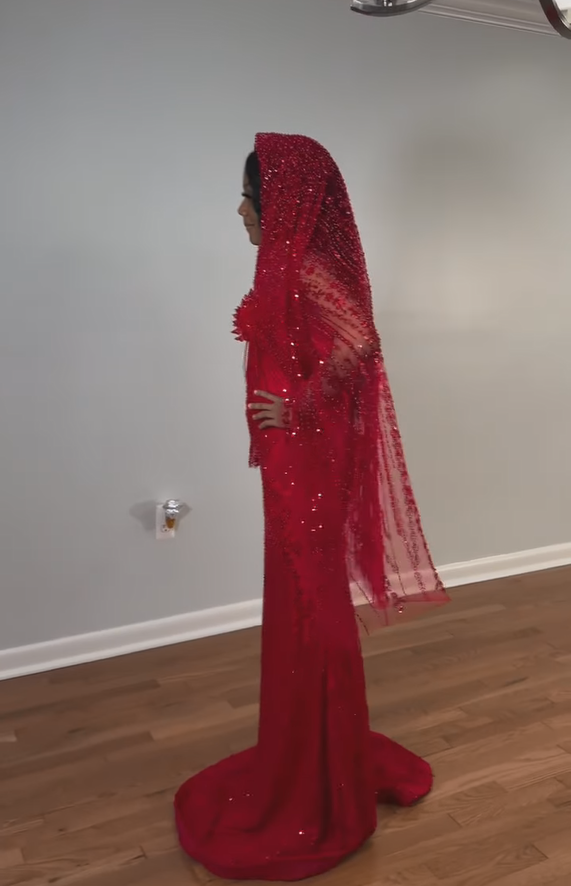 The Ruby Heiress - 2026 Hand-Beaded Crimson Mermaid Gown with Matching Crystal-Encrusted Hooded Veil (ZD17402)
