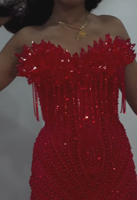 The Ruby Heiress - 2026 Hand-Beaded Crimson Mermaid Gown with Matching Crystal-Encrusted Hooded Veil (ZD17402)