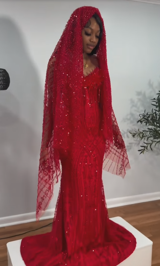 The Ruby Heiress - 2026 Hand-Beaded Crimson Mermaid Gown with Matching Crystal-Encrusted Hooded Veil (ZD17402)