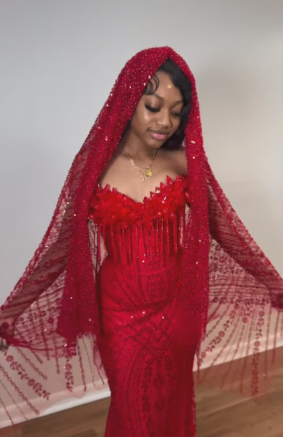 The Ruby Heiress - 2026 Hand-Beaded Crimson Mermaid Gown with Matching Crystal-Encrusted Hooded Veil (ZD17402)