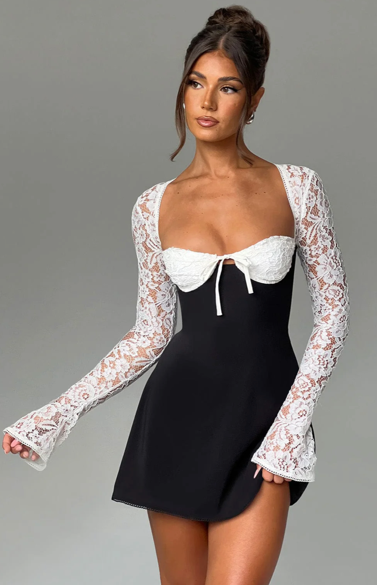 Anina - Tie - Up Lace Sleeves Mini Dress