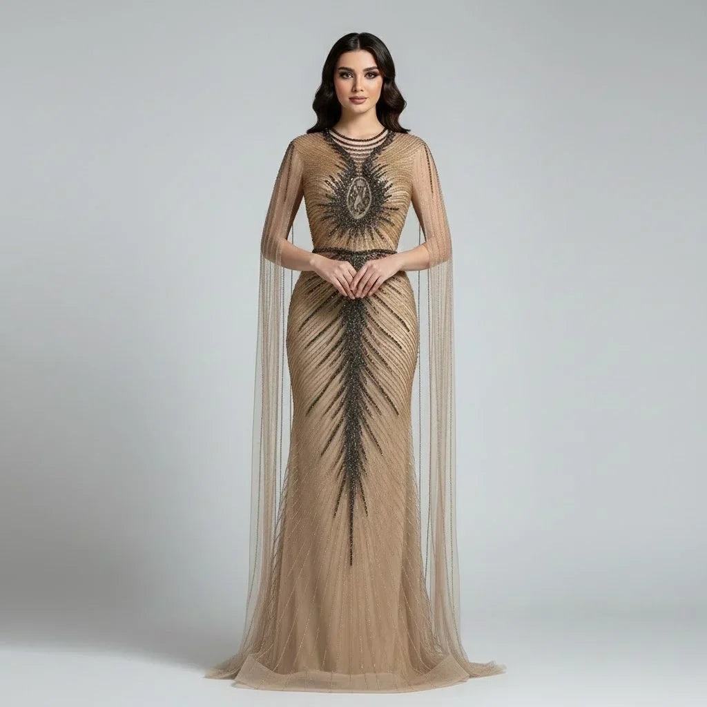 Zapdress Luxury Beaded Mermaid Evening Dresses with Cape Sleeves Caramel Formal Party Gown for Women Customized (ZD17180) - VelvetHem