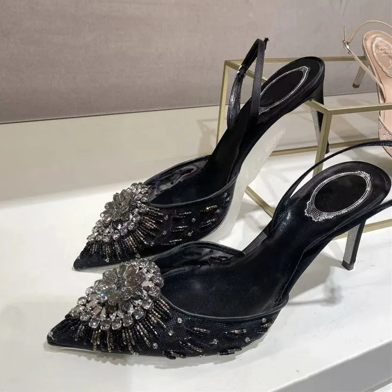 Luxury Diamond Pearls Lace Mesh Women Pumps Elegant Pointed toe Thin High heels Fashion Summer Slingbacks Wedding Party Shoes - View 2 | VelvetHem