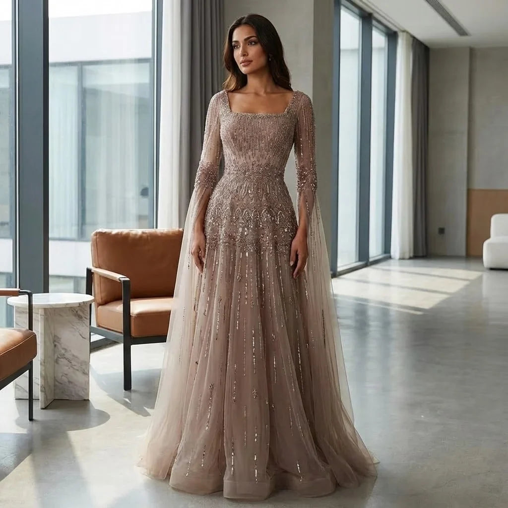 Zapdress 2026 Customized Caramel Beaded A-Line Evening Dress with Cape Sleeves Formal Party Gowns for Women (ZD17259)