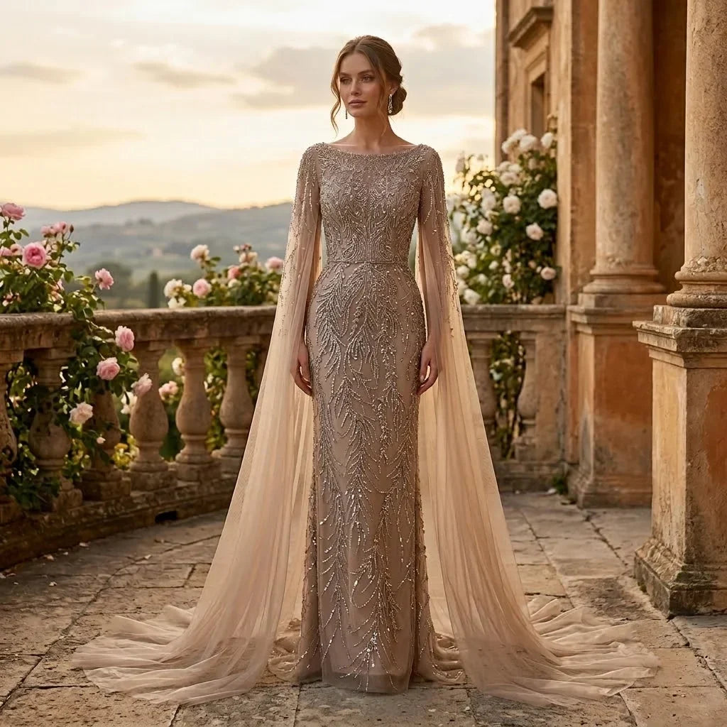 Zapdress Customized Caramel O-Neck Mermaid Evening Dress with Cape Sleeve 2026 Wedding Party Gowns for Women (ZD17364) - VelvetHem