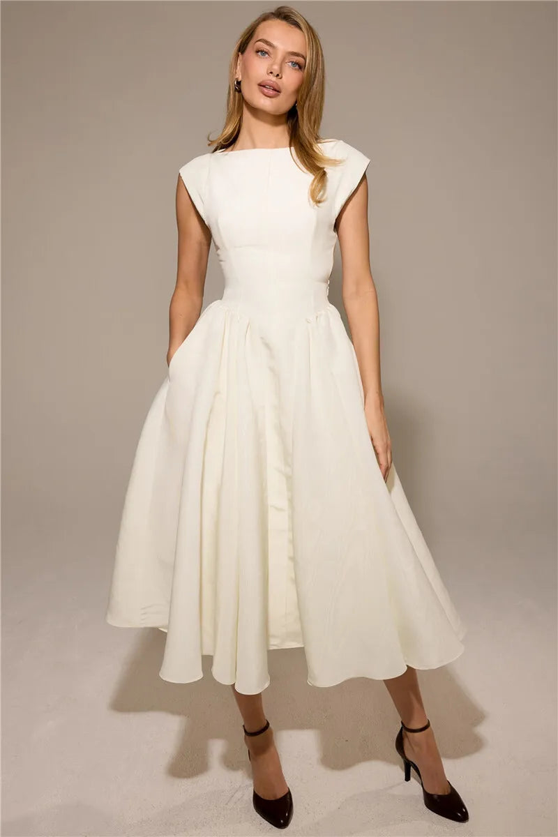 White Backless Solid Hollow Out Pleated Dress