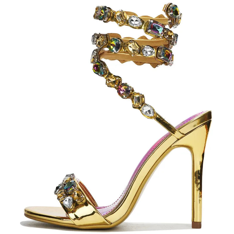 Star style Luxury Crystal Embellished Wraparound Women Sandals Stiletto High heels Gladiator Sandals Summer Wedding Prom Shoes Gold