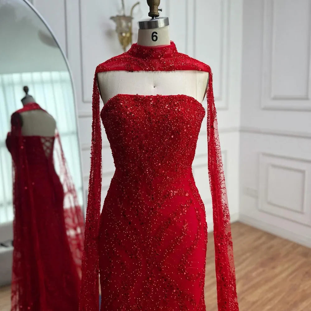 Zapdress Red Mermaid Detachable Cape Sleeves Evening Dresses with Lace Up Back Party Gowns for Women DLA72824 Customized (ZD17177)
