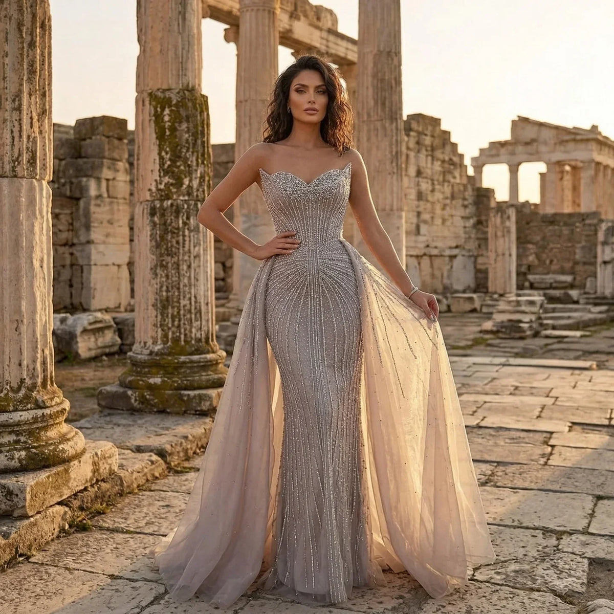 Zapdress Caramel Beaded Tulle Evening Dress Strapless Sweetheart Formal Party Gown with Over-skirt DLA72811D Customized (ZD17282) - VelvetHem