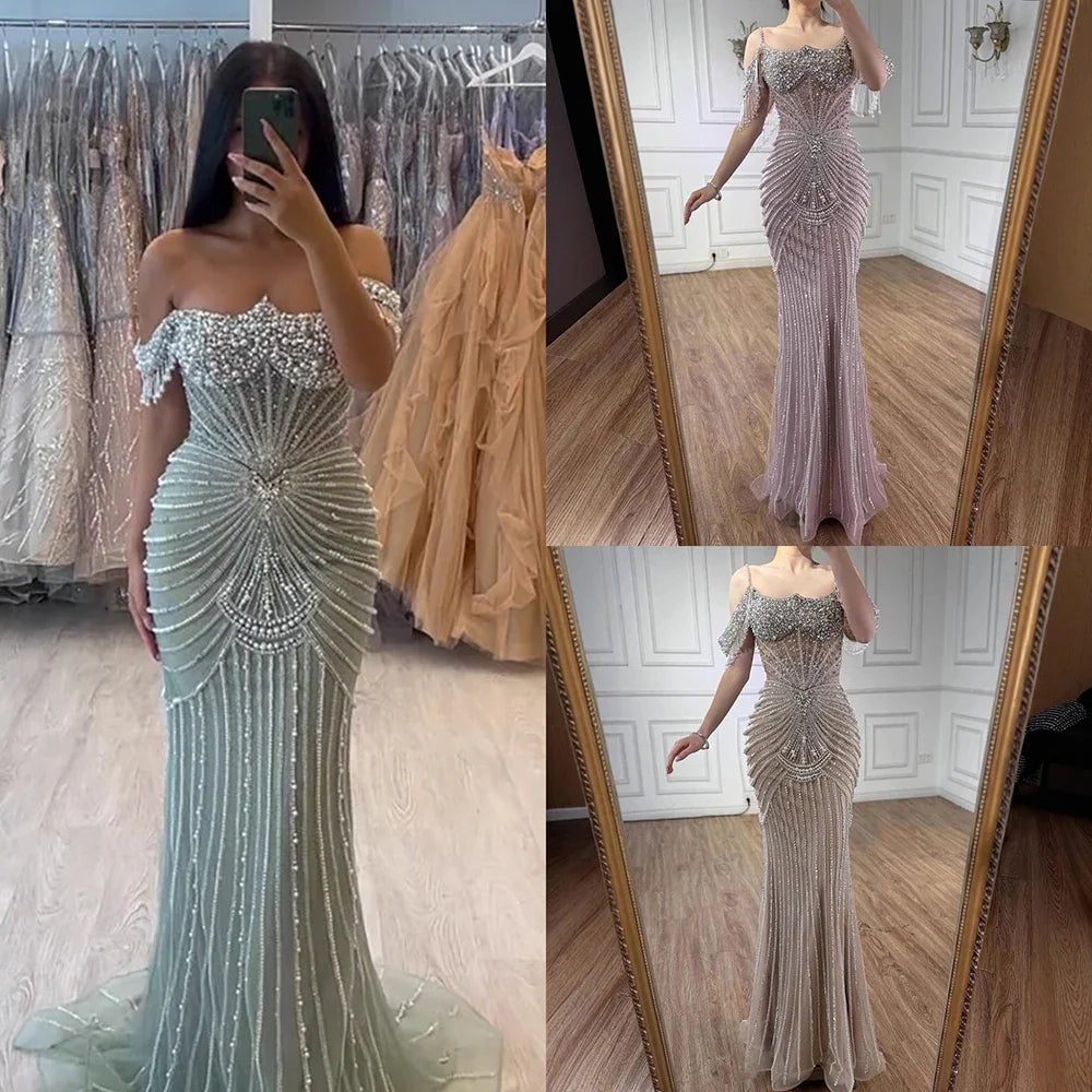 Zapdress 2025 Customized Pink Off Shoulder Mermaid Evening Dress Luxury Beaded Party Gowns for Women (ZD17359)