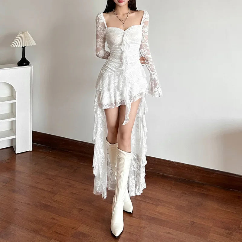 Flare Sleeve Square Neck A-Line Lace Dress - VelvetHem