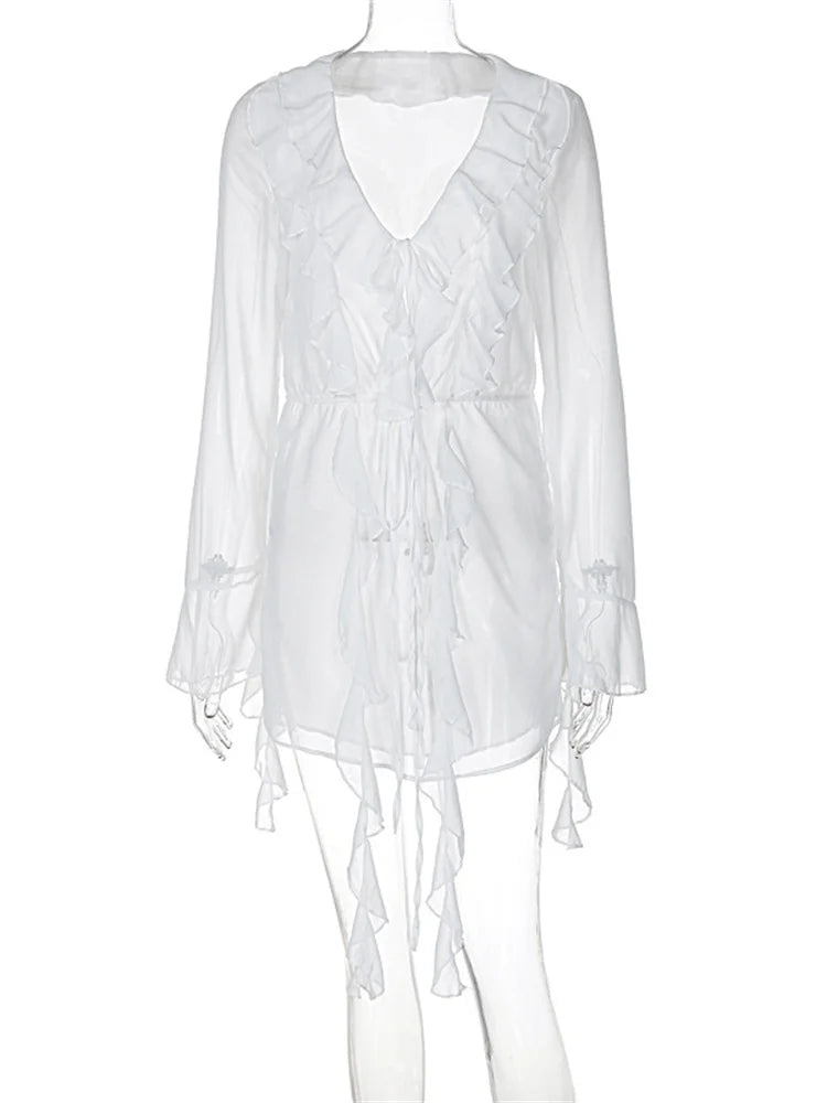 White Ruffled Sexy Mini Dress Women's Lace Up See Through Long Sleeve Fashion V Neck Party Dress Female Bandage Mini Dress