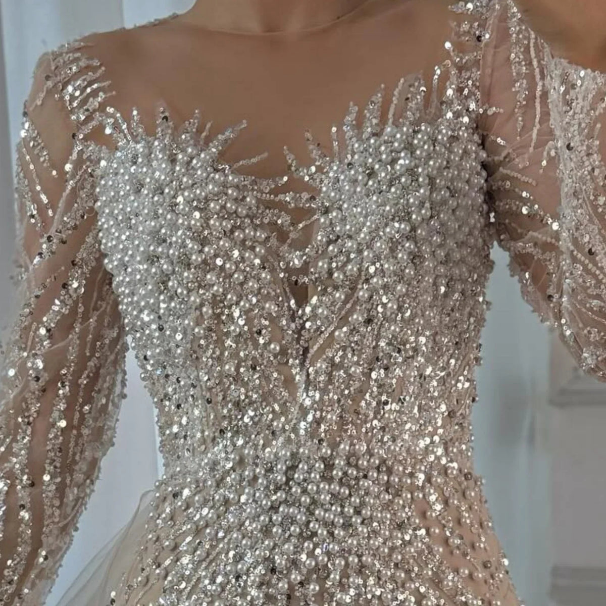 Zapdress White Nude Long Sleeves Mermaid Pearls Beaded Evening Dress with Train Wedding Party Gowns DLA72634A Customized (ZD17262)
