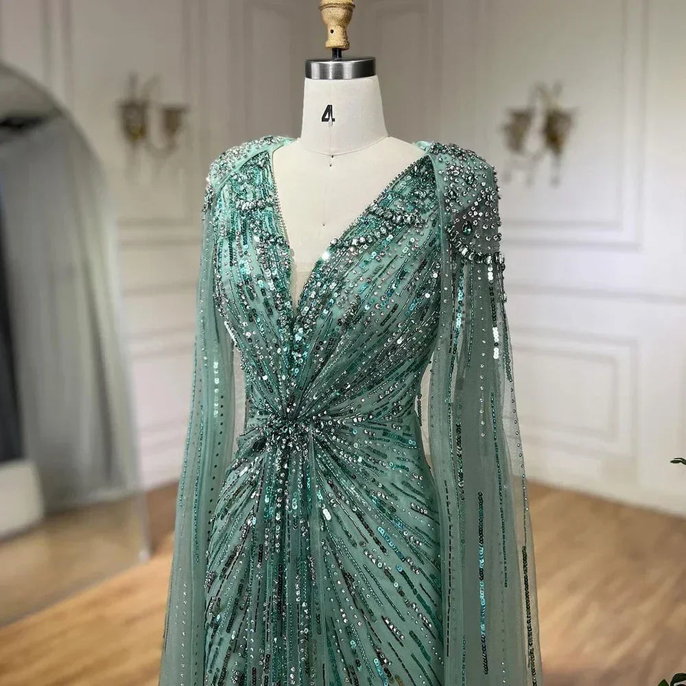 Zapdress V-neck Turquoise Beaded Mermaid Evening Dress with Cape Plus Size Party Gowns for Women DLA72168A Customized (ZD17231) - VelvetHem