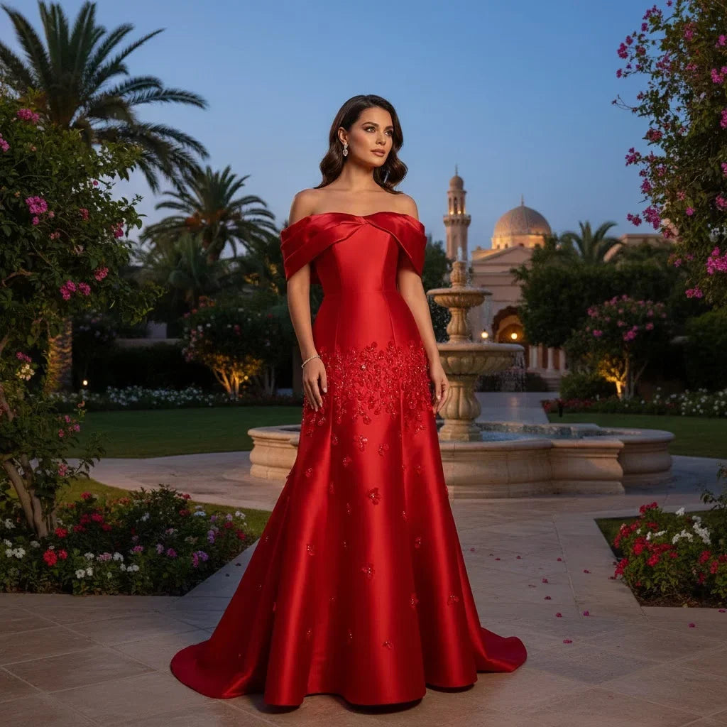 Zapdress Customized Elegant Red Off-Shoulder Evening Gowns with Floral Satin Arabic Party Prom Dress for Women (ZD17365) - VelvetHem