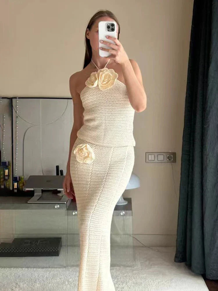 Knitted Crochet Slim Halter Beachwear Cover - Up Dress