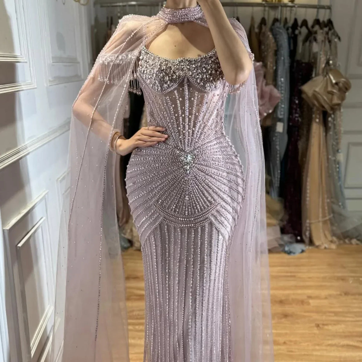 Zapdress 2026 Pearl Beaded Mermaid Caramel Evening Dresses Elegant Formal Party Gown with Sheer Cape Customized DLA73148C (ZD17292) - VelvetHem