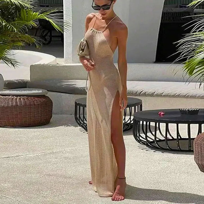 High Slit Knitted Suspender Maxi Dress - VelvetHem
