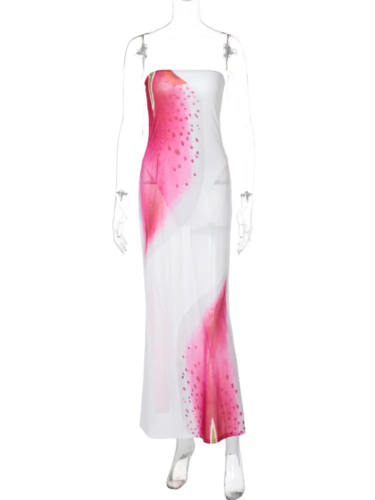 Mesh Floral Print Off - shoulder Long Dress