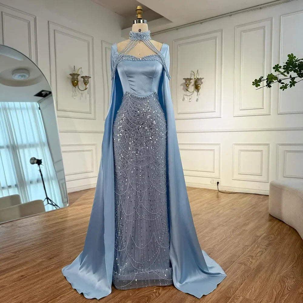 Zapdress DLA73051 Pearls Beaded Blue Mermaid Evening Dress with Cape 2025 Elagent Party Gowns for Women Customized (ZD17378) - VelvetHem