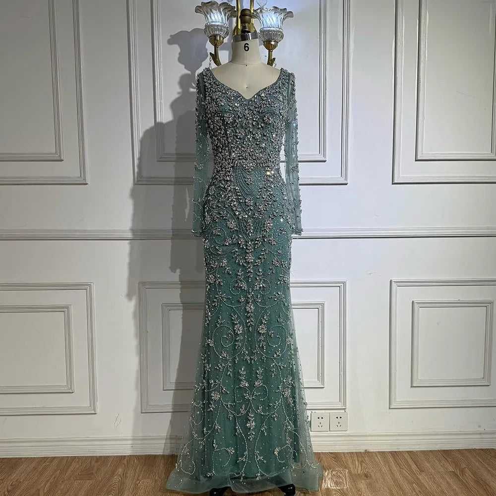 Zapdress Turquoise V-neck Long Sleeve Mermaid Beaded Evening Dresses 2025 Luxury Party Gowns for Women DLA73042 Customized (ZD17314)