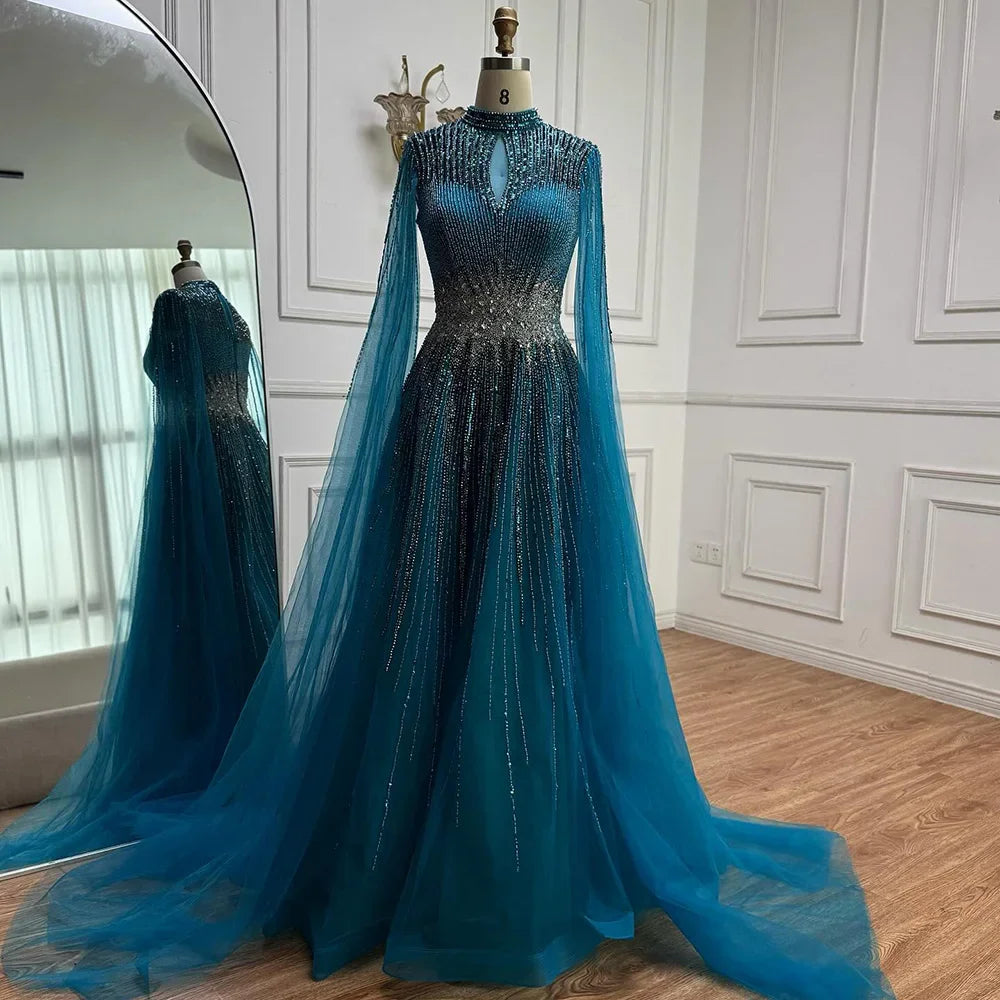 Elegant Modest Blue Beaded Evening Dress with Cape Sleeves Dubai Gown Zapdress 2025 Customized (ZD17239) - VelvetHem