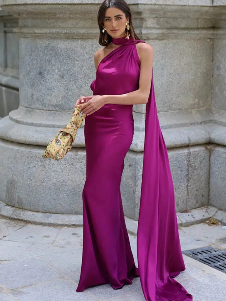 Satin Scarf Collar Halter Maxi Dress - VelvetHem
