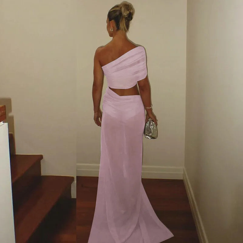 Mesh Backless One - Shoulder Long Dress