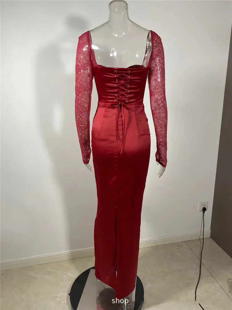 Square Collar Lace - Up Backless Long Sleeve Maxi Dress