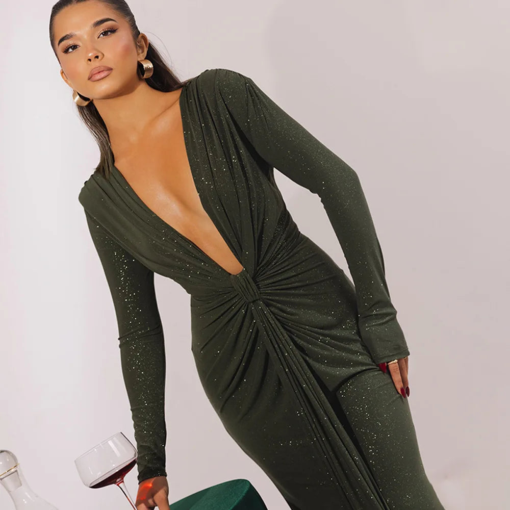 Elastic Deep V - Fold Lace Maxi Dress