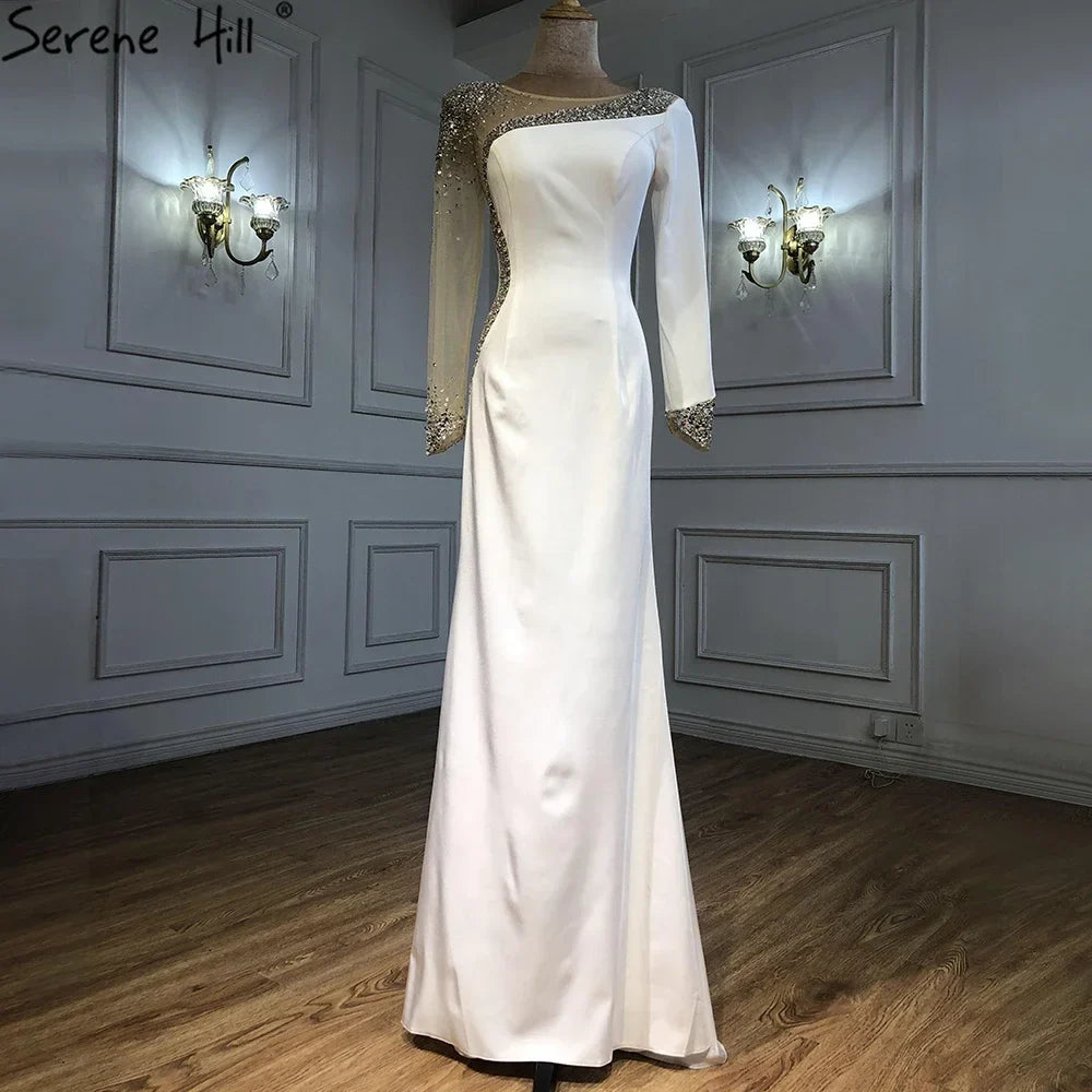 Zapdress Customized White Satin Long Sleeve Mermaid Simple Beaded Evening Dress Party Gowns For Women Bridal Shower (ZD17293)