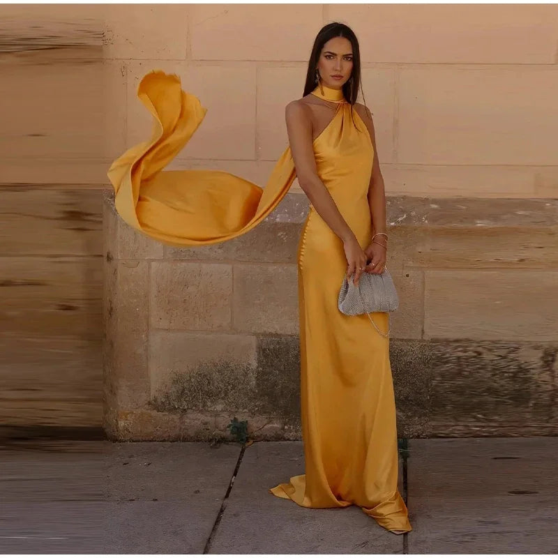 Yellow Satin Backless Lace - Up Off - Shoulder Maxi Dress