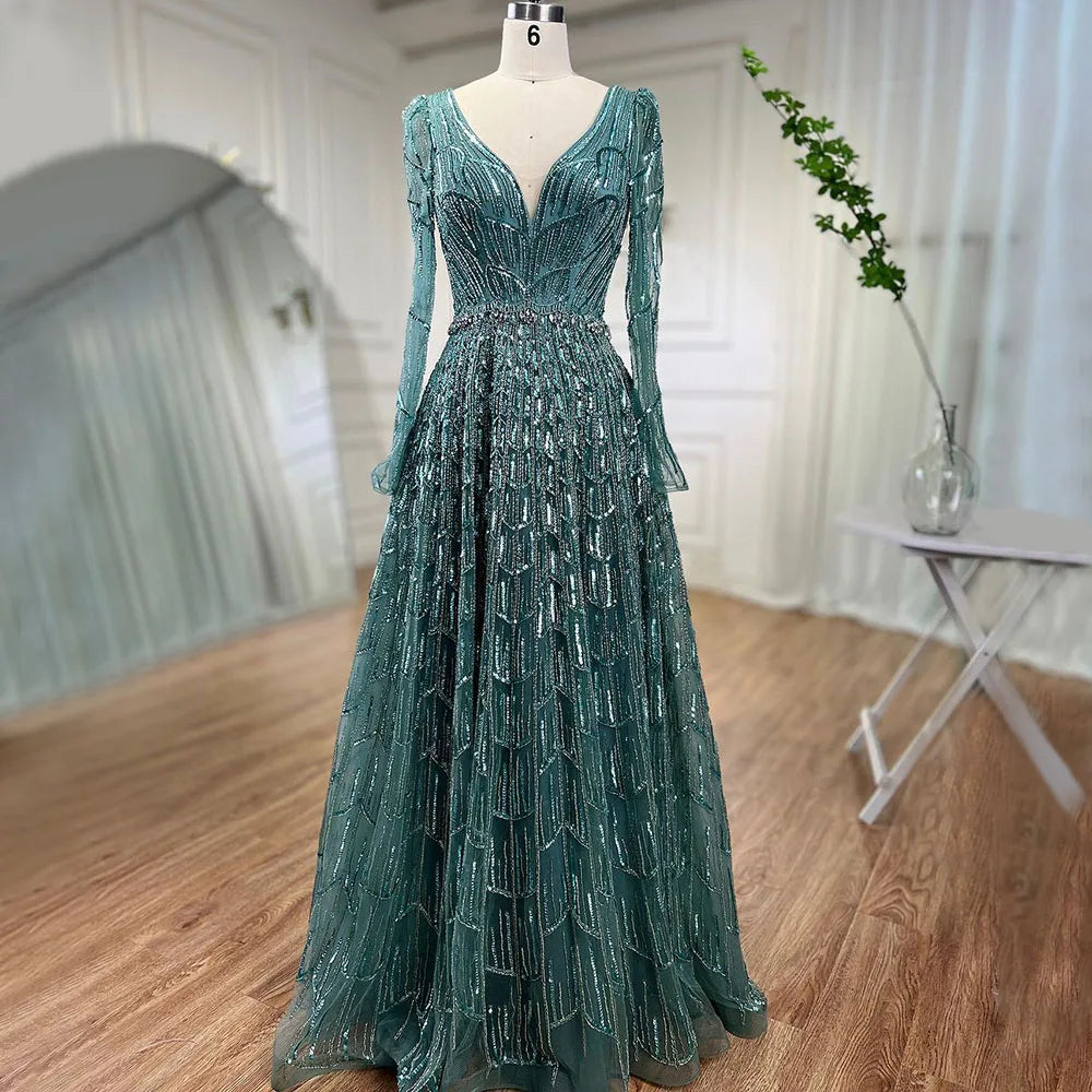 Zapdress Customized Turquoise Muslim Long Sleeve A Line V-Neck Evening Dresses Beaded Party Gowns For Women 2025 (ZD17333) - VelvetHem