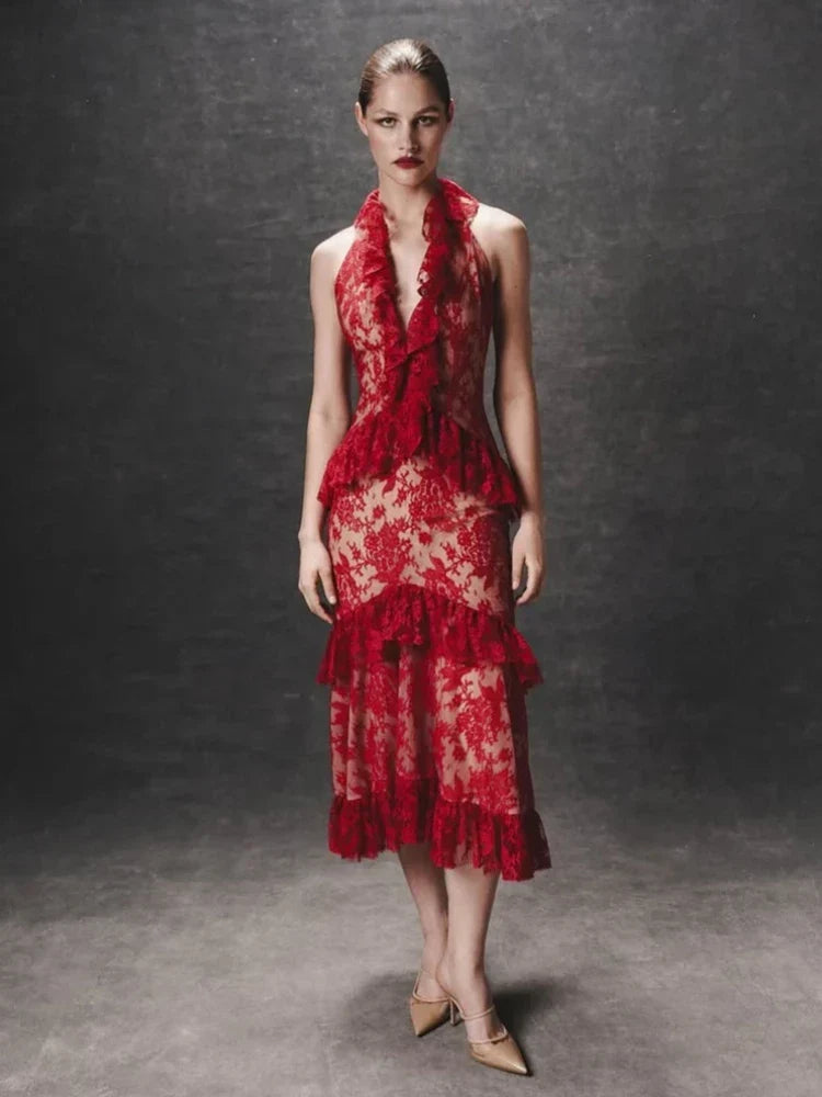 Halter Ruffles Floral Slim Midi Lace Dress - VelvetHem