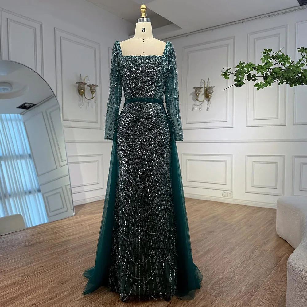 Zapdress Green Square Collar Long Sleeve Mermaid Pearls Beaded Evening Party Gown Overskirt Dress DLA72032N Customized (ZD17342) - VelvetHem