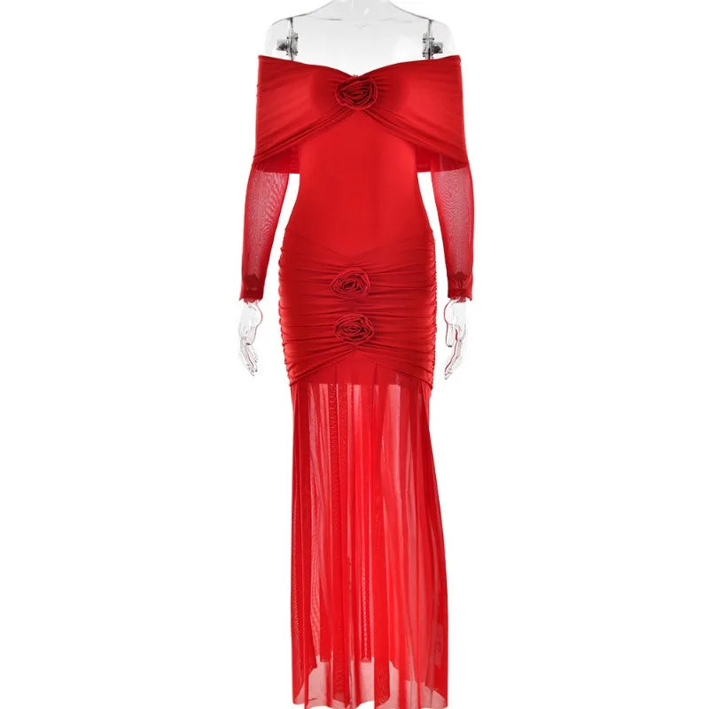 3D Flower - appliqué Mesh Long Sleeve Fishtail Maxi Dress