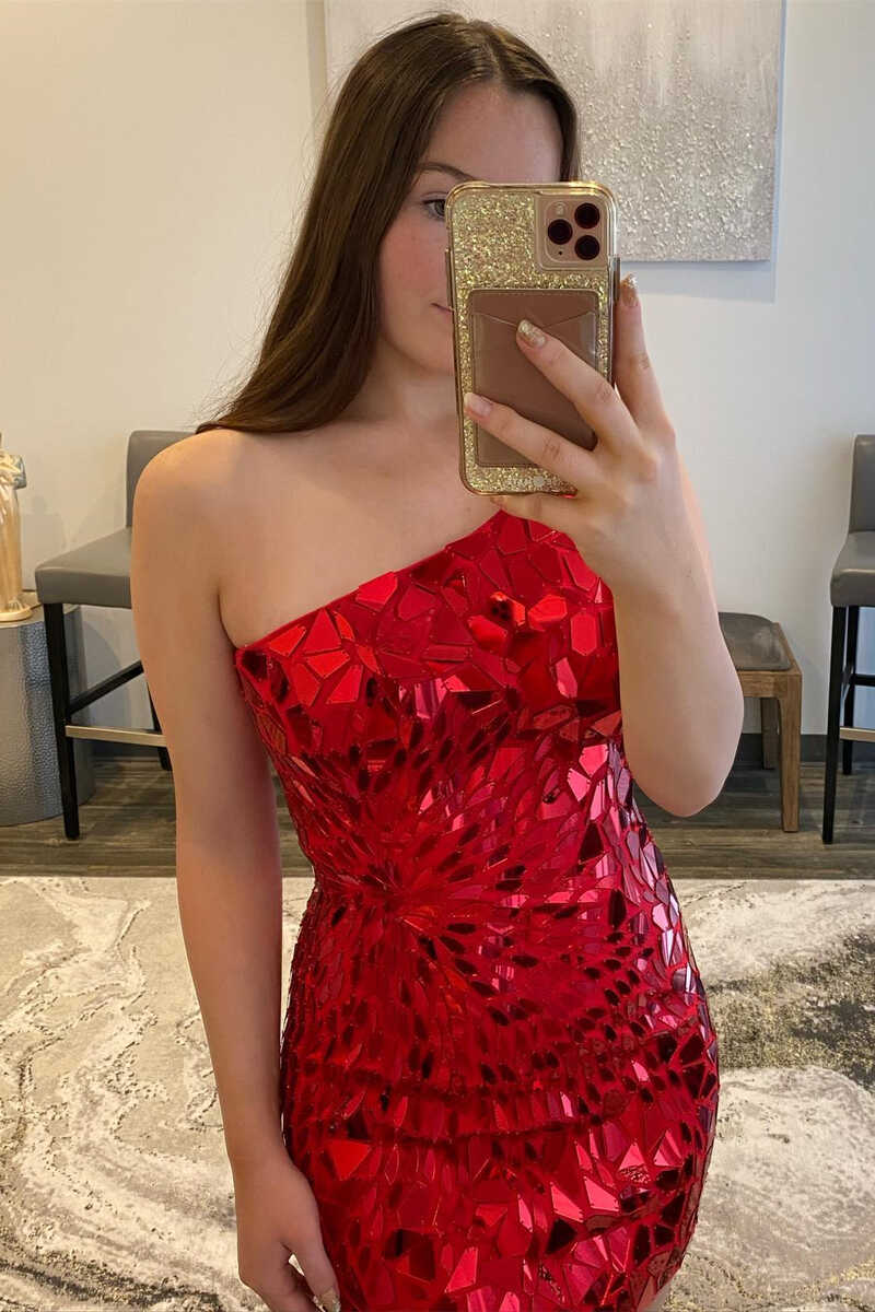 One-Shoulder Cut Glass Mirror Fitted Mini Homecoming Dress - VelvetHem