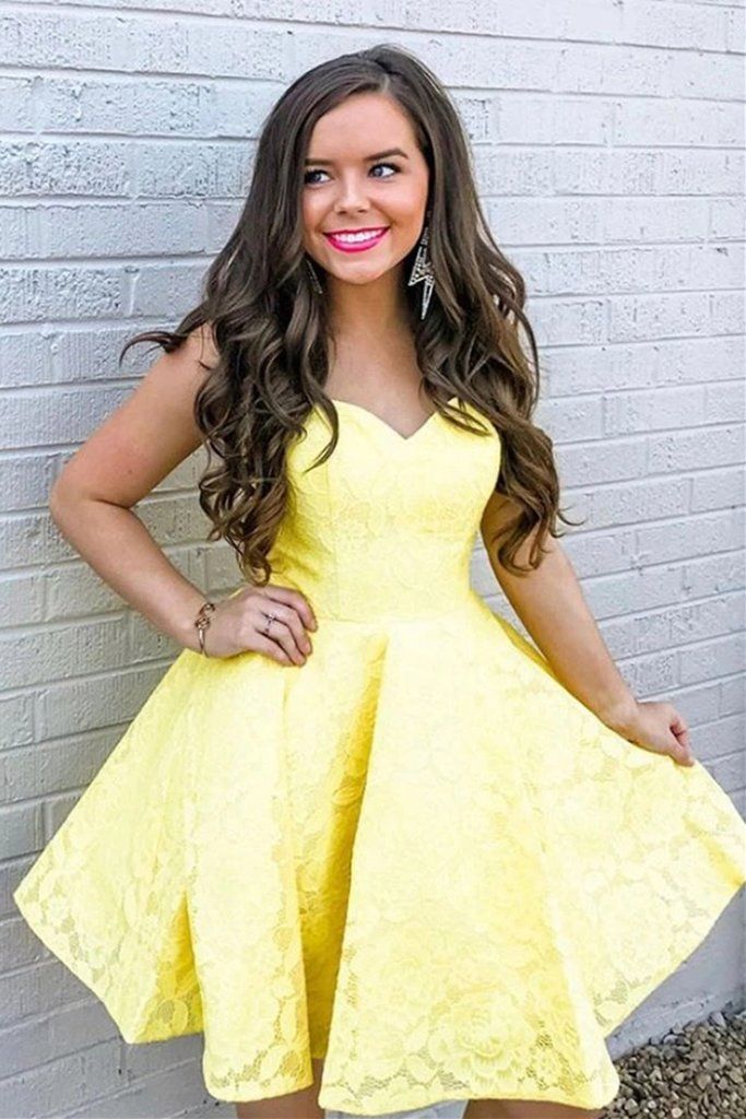 Sweetheart Yellow Lace Homecoming Dress, Lace Short Prom Graduation Dress - VelvetHem