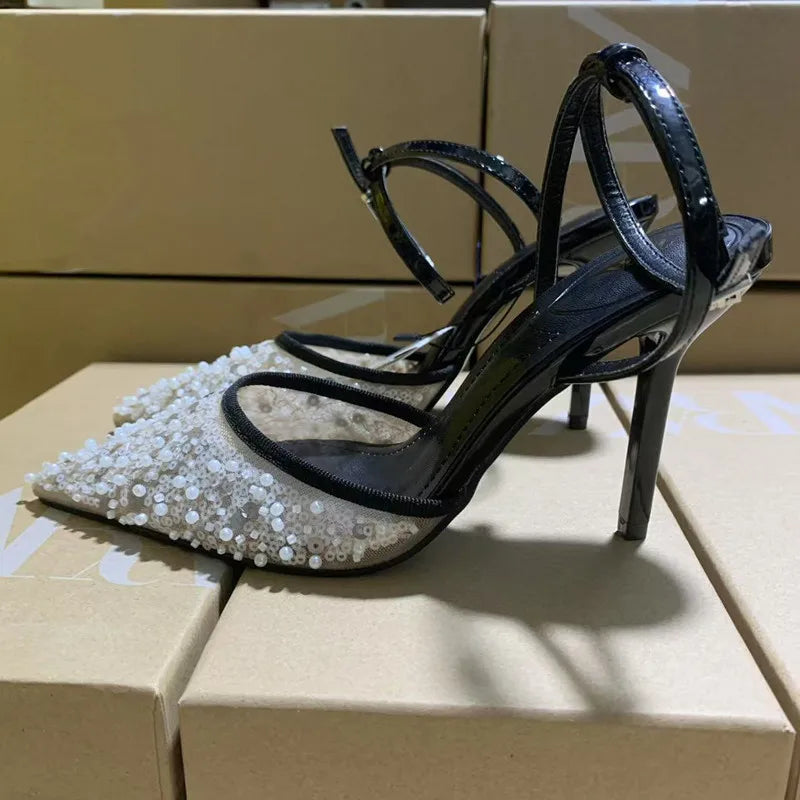 Luxury Pearls Sequined Air Mesh Women Pumps Summer Elegant Pointed toe Slingbacks Thin High heels Fashion Wedding Party Shoes - View 4 | VelvetHem