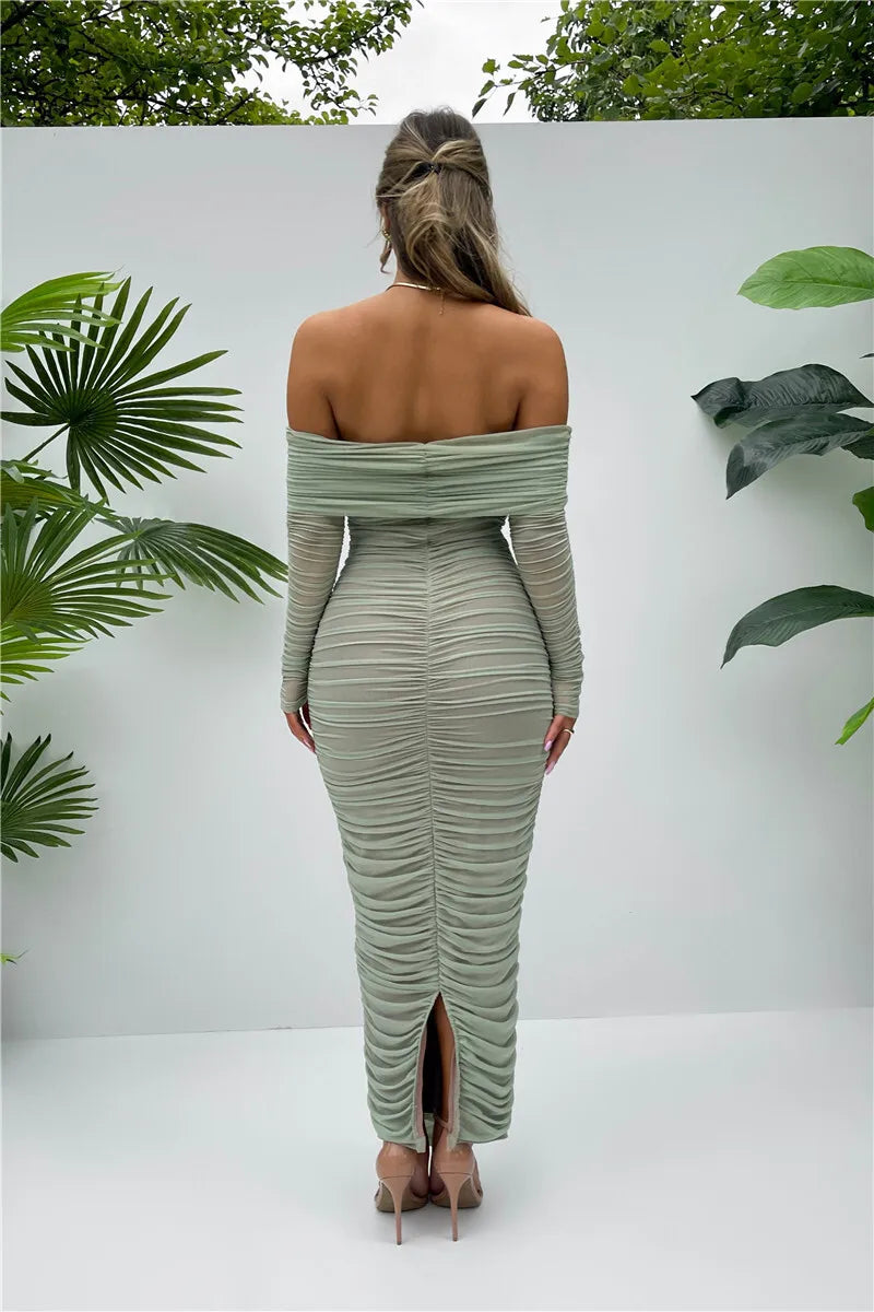Off - shoulder Slash Neck Solid Maxi Dress