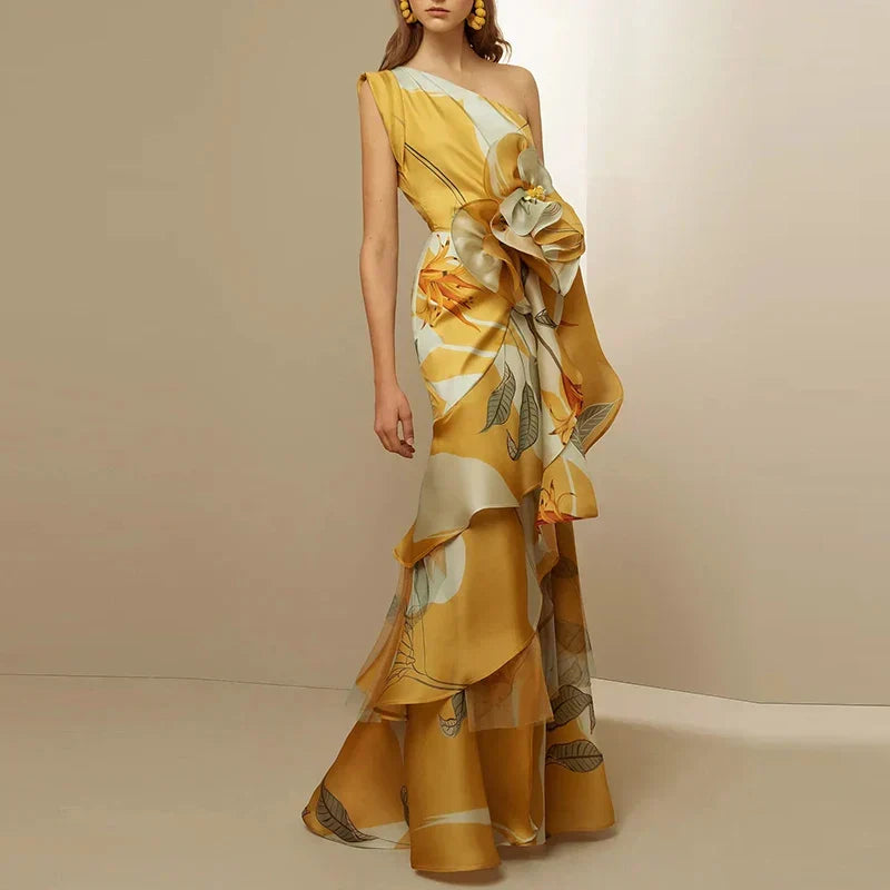 Diagonal Hollow Off Shoulder Floral Dress - VelvetHem