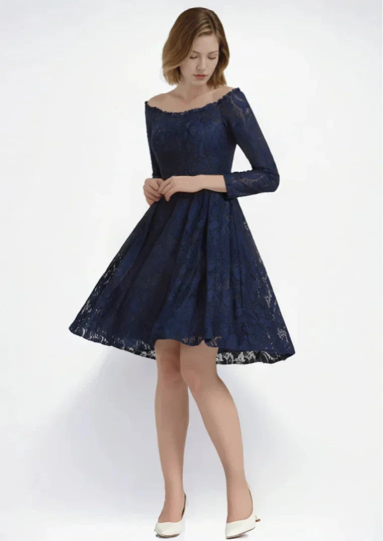 Elegant A-Line Prom Evening Dress Lace Off-the-Shoulder 3/4 Sleeve Pleated Knee-Length Wedding Guest Dress Free Customized