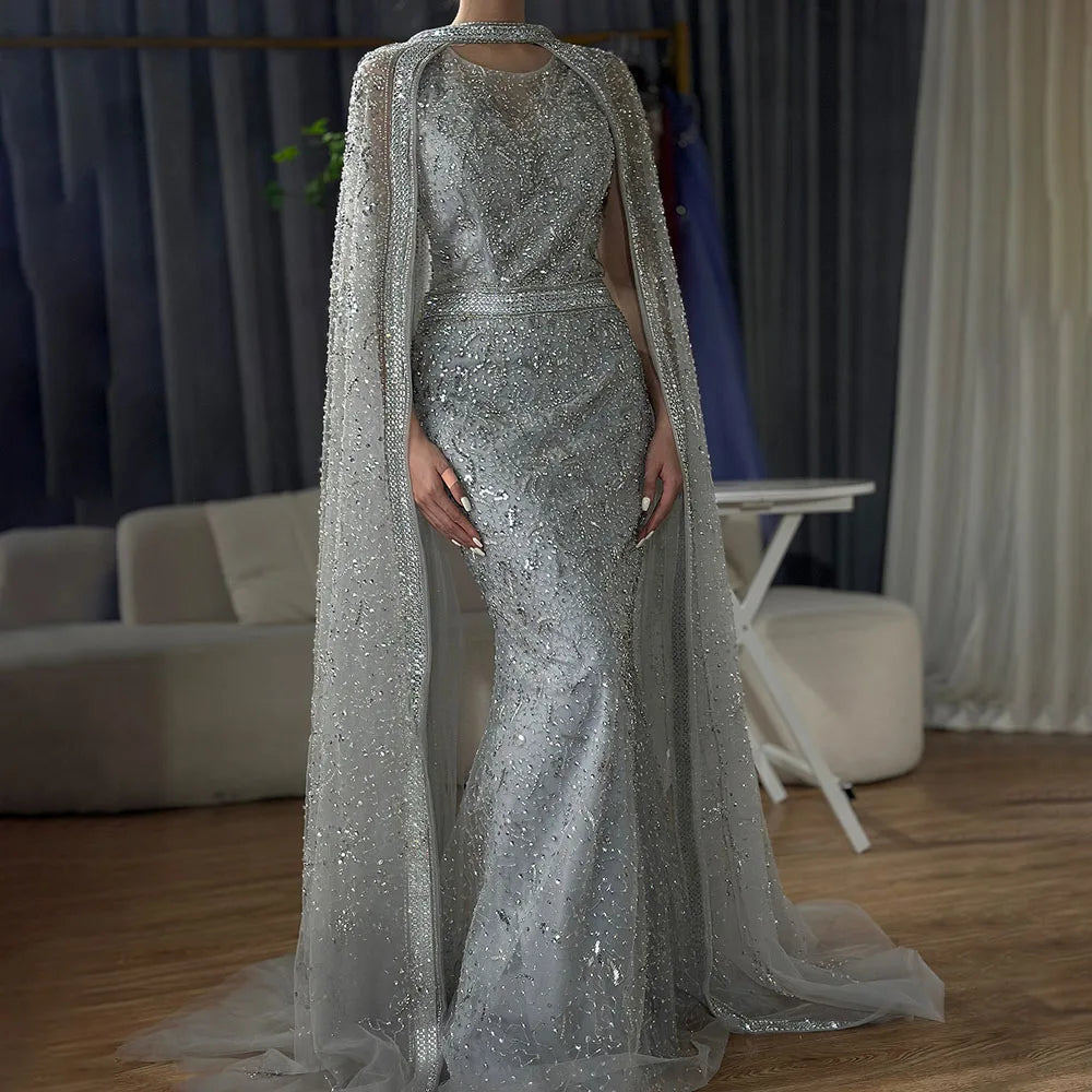 Zapdress Customized 2026 Gray Arabic Mermaid Beaded Evening Dresses With Detachable Long Cape For Formal Occasion (ZD17340) - VelvetHem